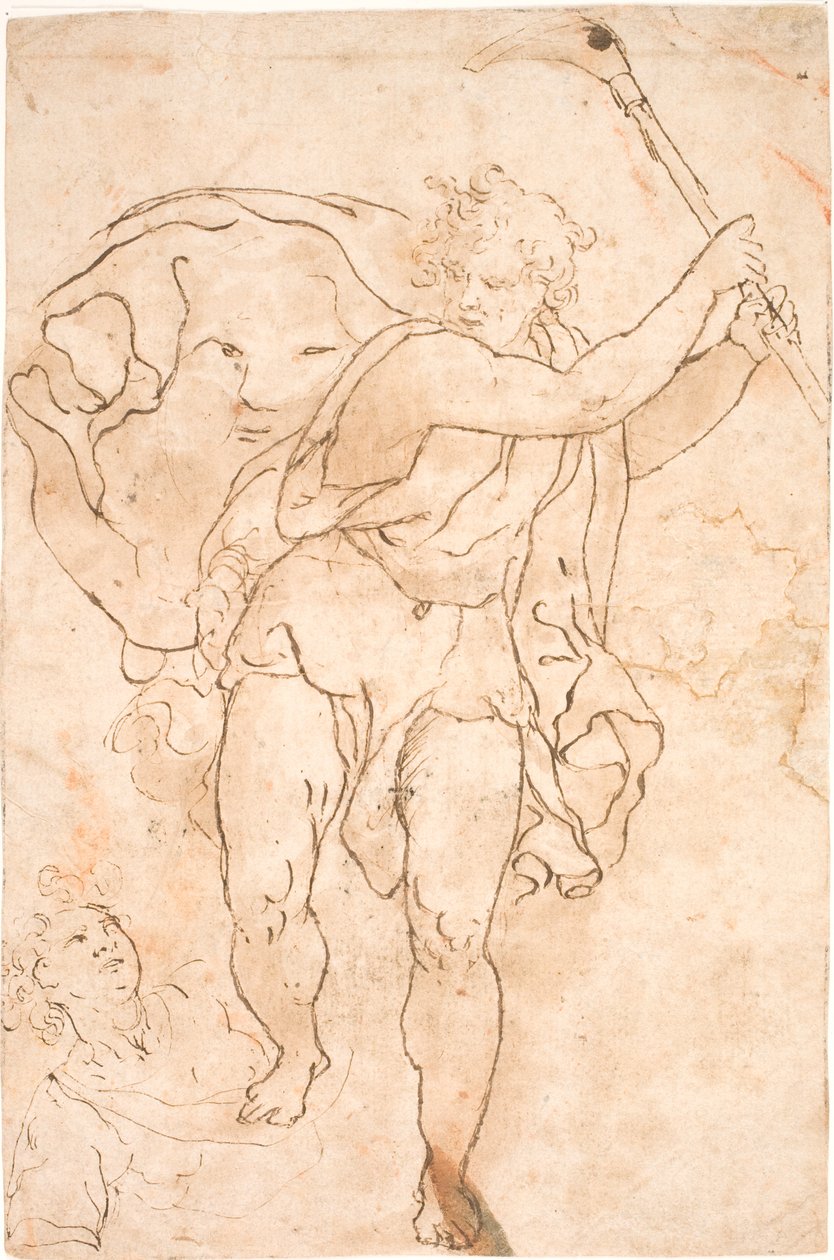 Man Swinging a Pickaxe. With a Flowing Cape, Bearing Summary Facial Features. At His Feet, the Upper Body of a Young Man. by Polidoro da Caravaggio