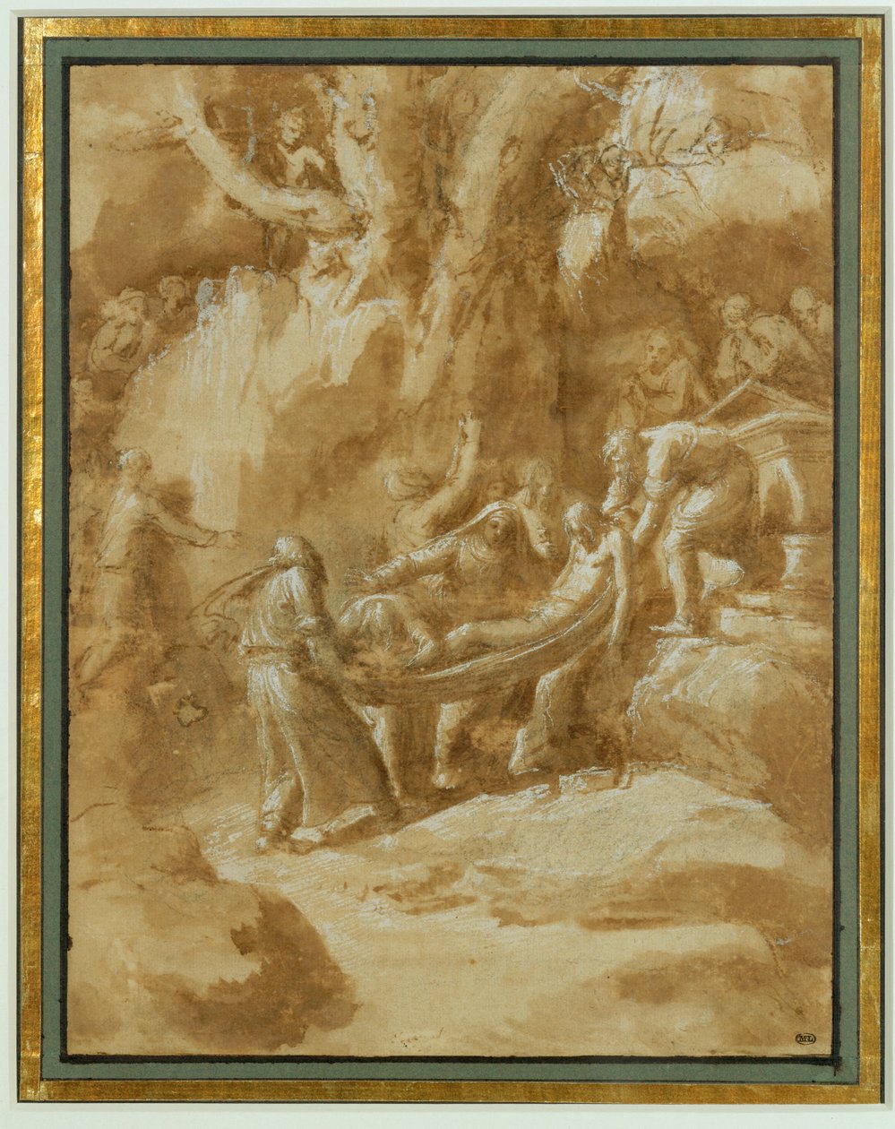 Entombment. Black stone, brush and brown wash, white highlights on beige paper by Polidoro da Caravaggio