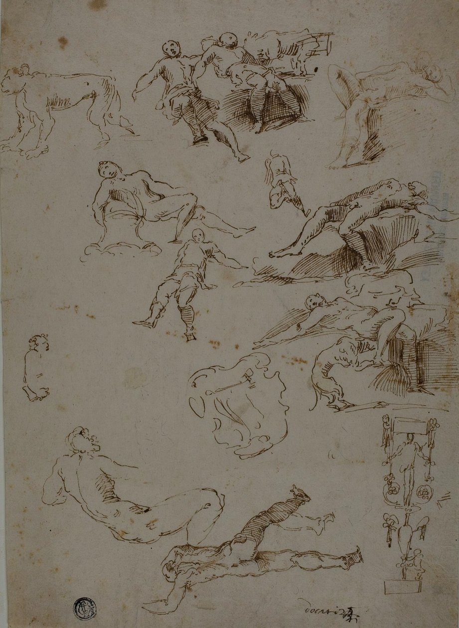 Sketches of Male Nudes, Animals, and Ornamental Details by Polidoro da Caravaggio