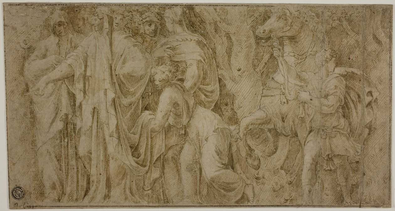 Story of Niobe: Niobe Receiving Gifts from Worshippers; Youth with Horse by Polidoro da Caravaggio