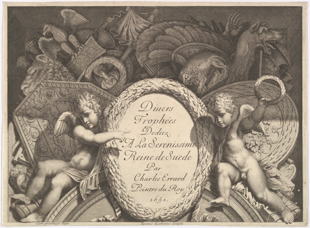 Title page of Divers Trophées Weapon Trophies after the Façade of Palazzo Milesi in Rome, 1651 by Polidoro da Caravaggio