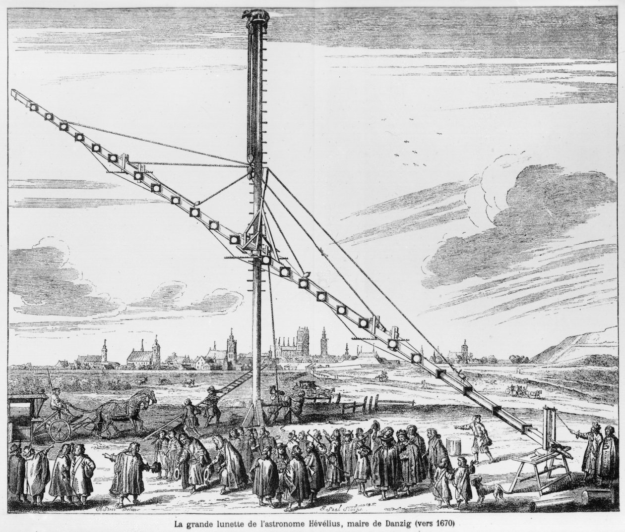 The Large Astronomical Telescope of Johannes Hevelius, illustration from Machina Coelestis by Hevelius, Gdansk, published 1670 by Polish School