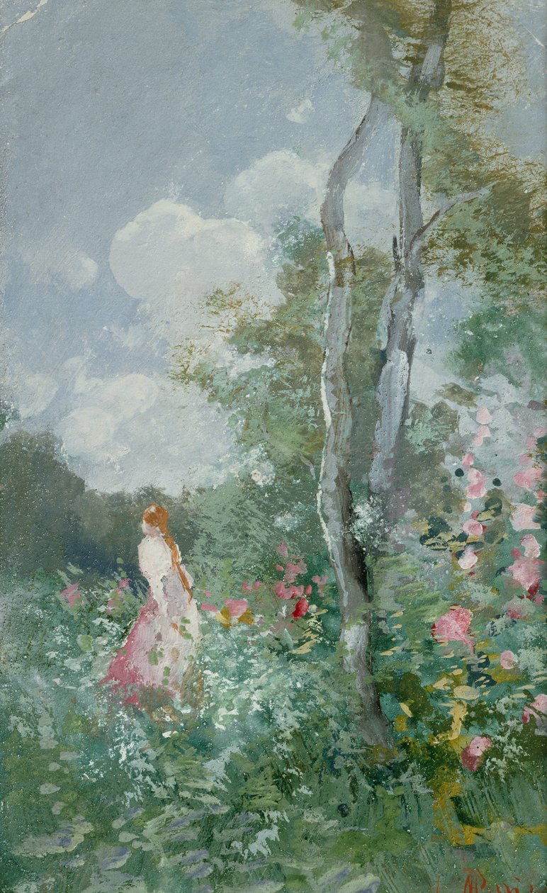 A Girl Walking in a Wooded Glade by Pompeo Mariani