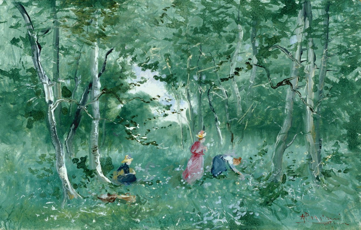 Elegant Ladies Picking Flowers in a Wood by Pompeo Mariani