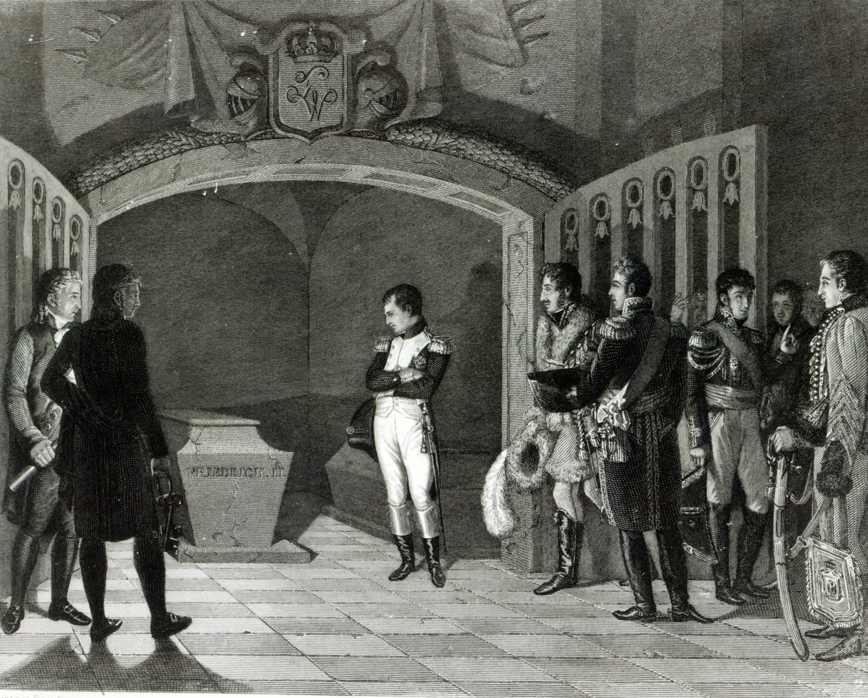 Napoleon Meditating before the Tomb of Frederick II of Prussia in the Crypt of the Garnisonkirche in Potsdam by Ponce Camus. Marie Nicholas