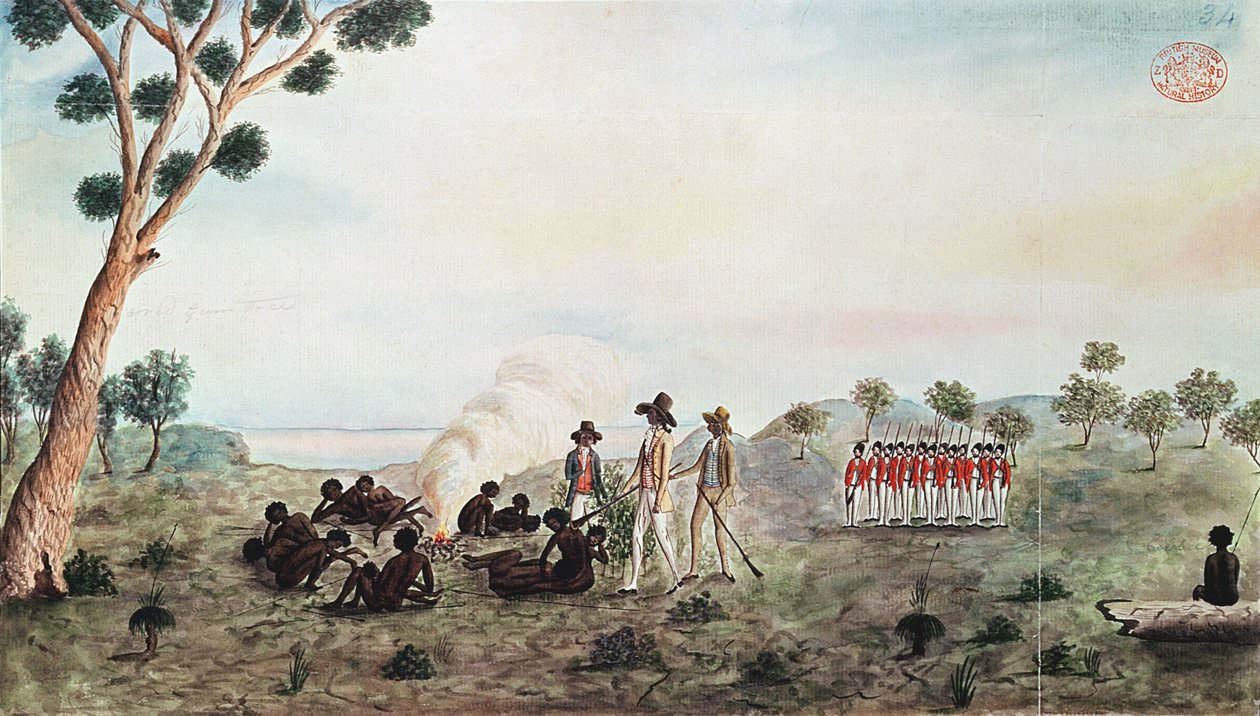 Mr White, Harris and Laing with a Party of Soldiers Visiting Botany Bay Colebee at that Place when Wounded near Botany Bay by Port Jackson Painter