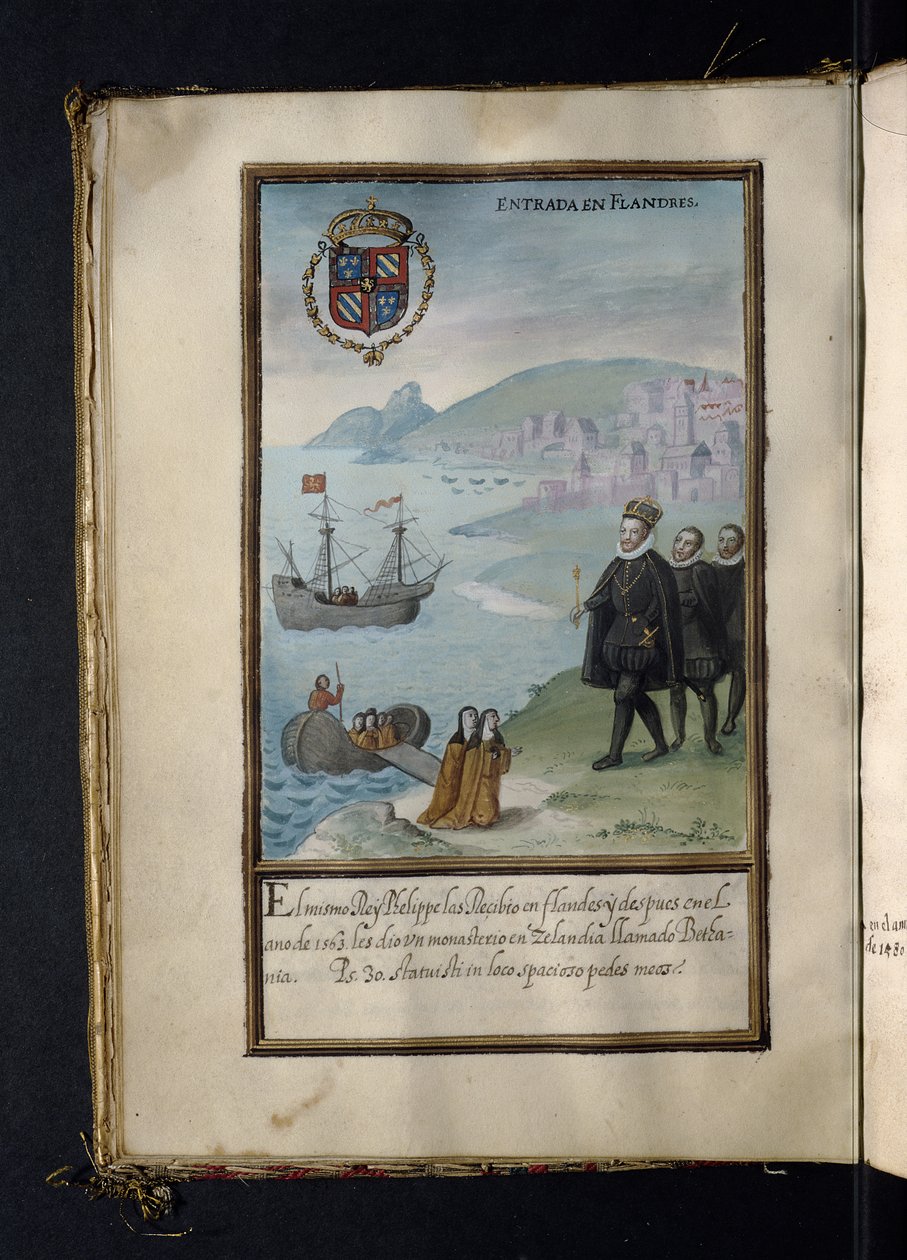 Arrival in Flanders, from a history of the peregrinations of the Syon Nuns, compiled in Lisbon in the early 17th century by Portuguese School