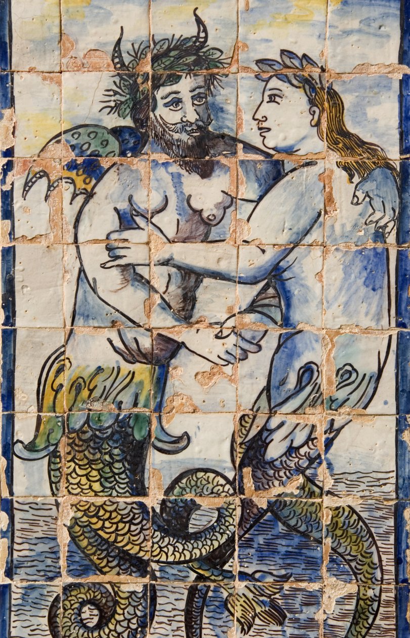Azulejos tiles in the palace gardens depicting sea creatures by Portuguese School