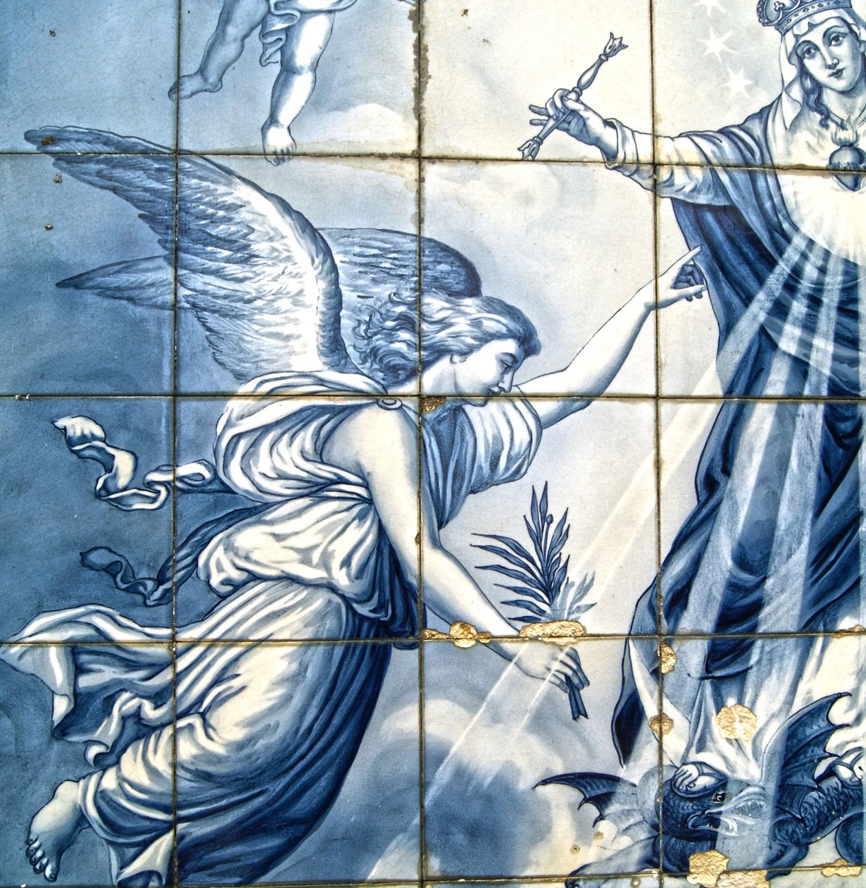 Decorative panel showing the archangel Gabriel and the Virgin Mary crushing a winged Serpent, Lamego, Portugal. 1738 by Portuguese School