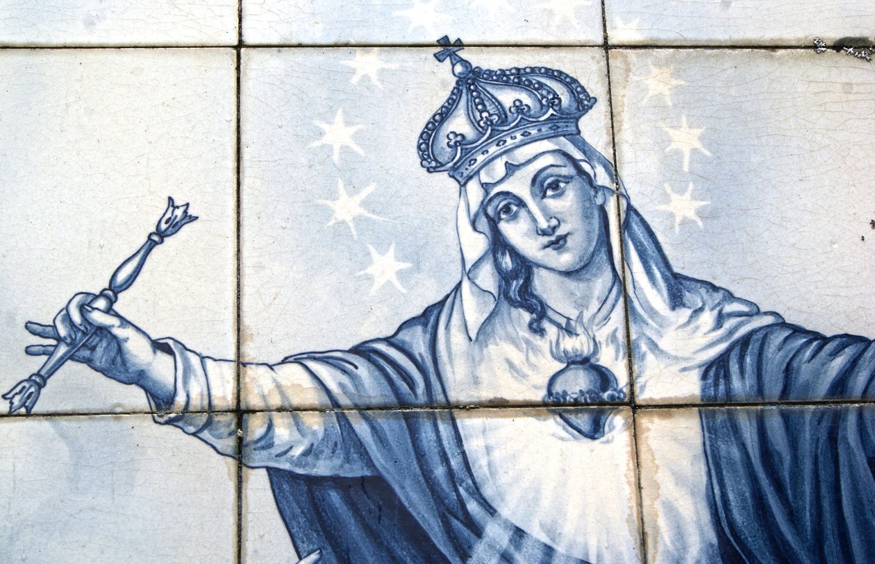 Detail of the Virgin Mary from a decorative panel showing her crushing the Serpent, Lamego, Portugal. 1738 by Portuguese School
