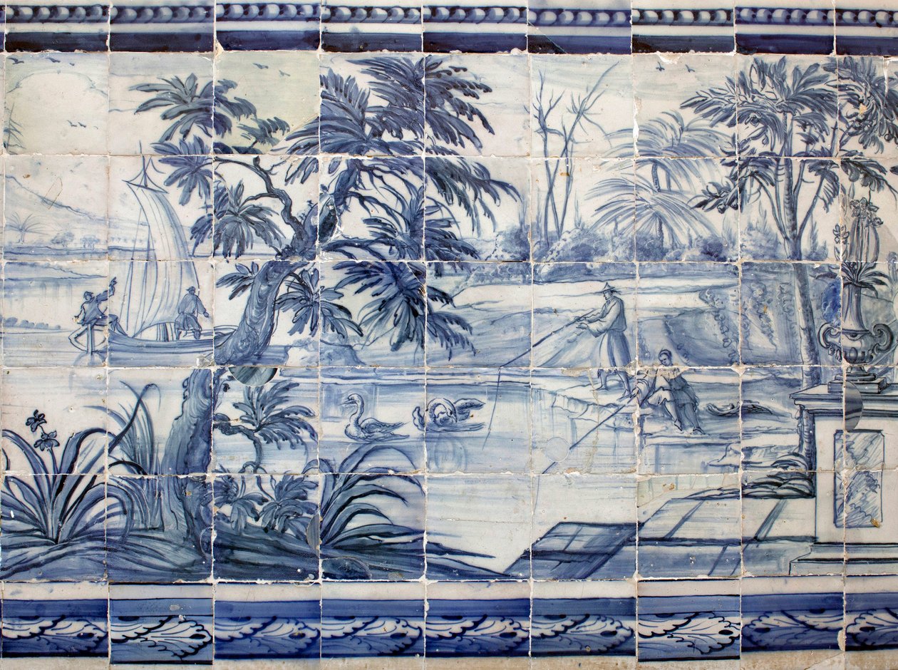 Lake fishermen in Asia - Azulejos, painted faience by Portuguese School