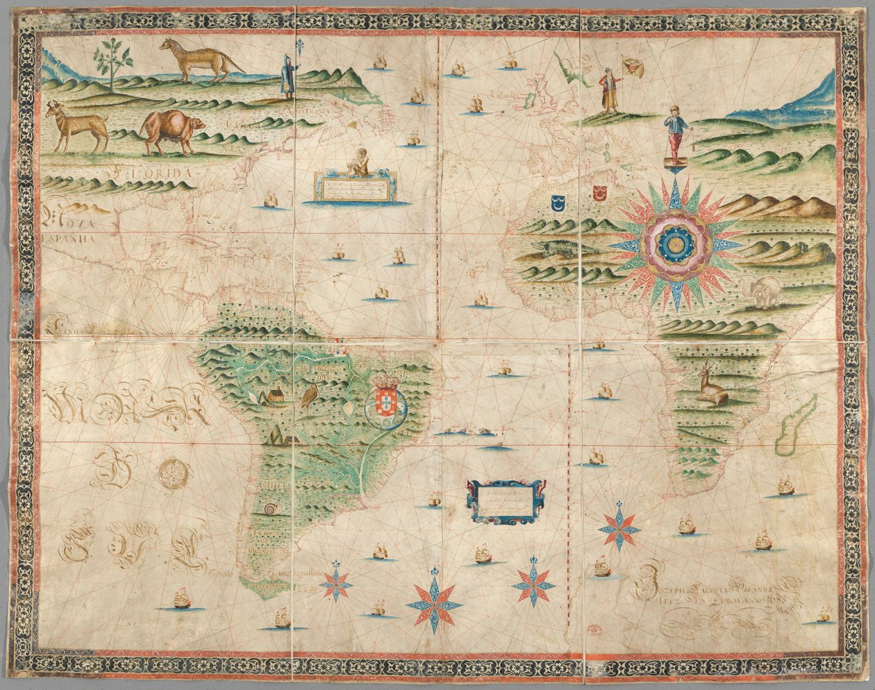 Map of Western Europe, Africa and America, with drawings of mountains, animals, etc. by Portuguese School