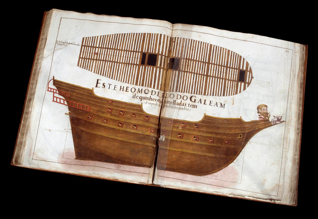 Naval architecture: page of the architectural treatise (Livro de Tracas de Carpintaria) by Manuel Fernandez: cutting a ship by Portuguese School