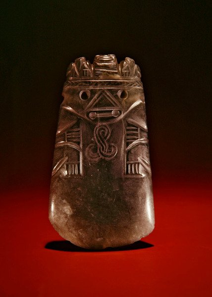 Figure celt with animal and birds on headdress, from Guacimo, Linea Vieja area by Pre Columbian Pre Columbian
