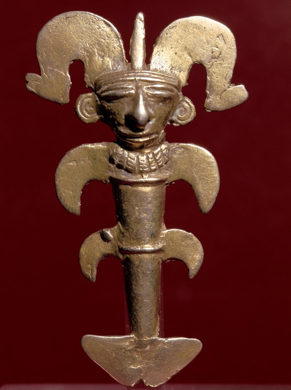 Precolombian art, Quimbaya civilization: anthropomorphic pendant in gold. 400-1400 AD. Bogota, Museo de Oro, Colombia by Pre Columbian Pre Columbian