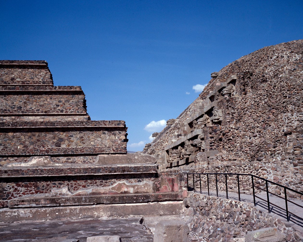 View of the site of Teotihuacan (300 BC-600 AD): the Temple of Quetzalcoatl or Temple of the Feathered Snake. Mexico by Pre Columbian Pre Columbian