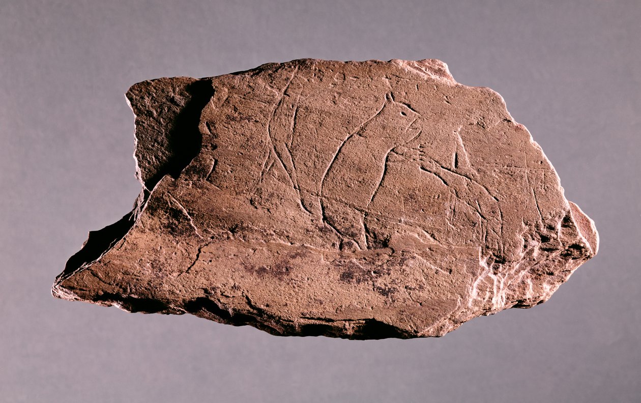 Pebble depicting a man being attacked by a bear, from Pechialet, Dordogne by Prehistoric