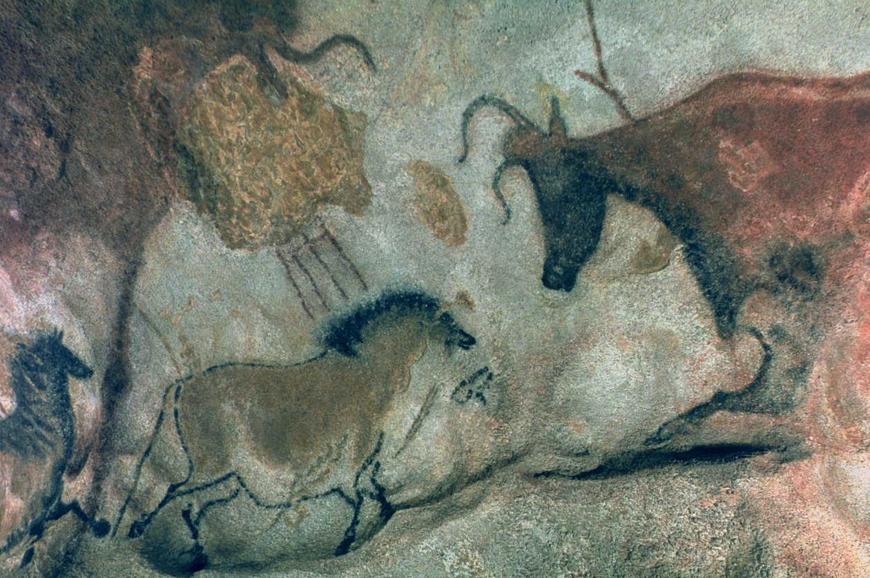 Rock painting showing a horse and a cow, c.17000 BC by Prehistoric