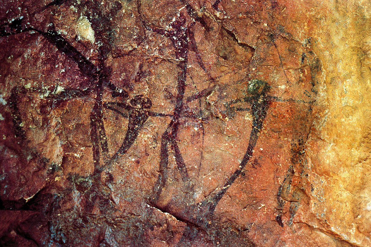 Human Figures with Bows, Cueva del Civil, Tirig, Barranc de la Valltorta, Valencia, Spain (Painting) by Prehistoric Prehistoric