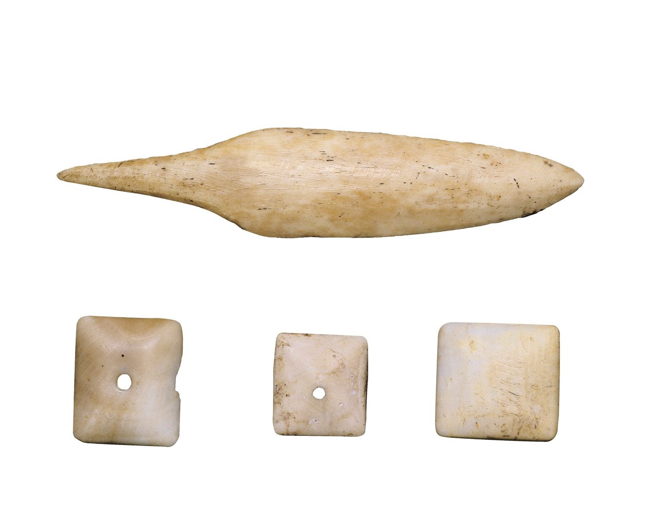 Prehistory (Neolithic): Arrow Tip and Bone Buttons from Cueva Toralla by Prehistoric Prehistoric