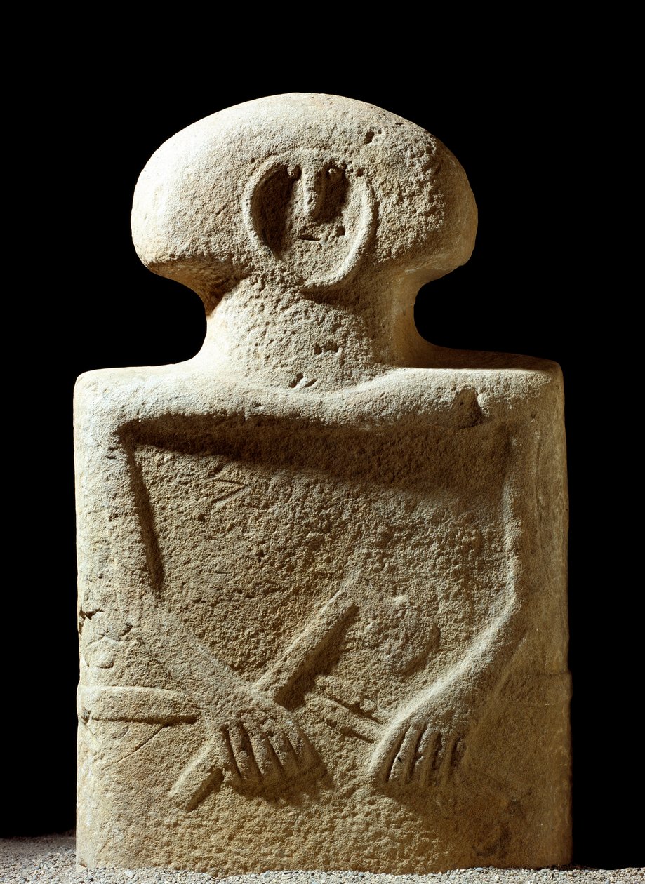 Prehistoric art: statue of a human figure sculpted during the Iron Age from the site of Lunigiana near La Spezia, Italy. La Spezia, Museo Comunale della Civilta Lunigiana by Prehistoric Prehistoric