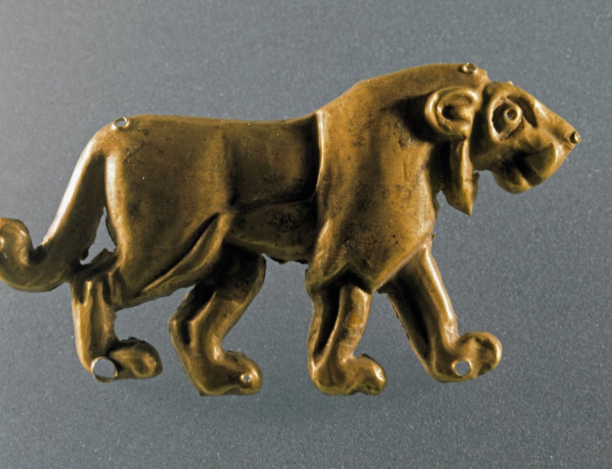 Lion statuette in gold leaves from the tomb a tumulus (kurgan) of Maikop (Caucasus). 3000-2500 BC Eneolithic, Copper Age. Hermitage Museum, Saint Petersburg, Russia by Prehistoric Prehistoric