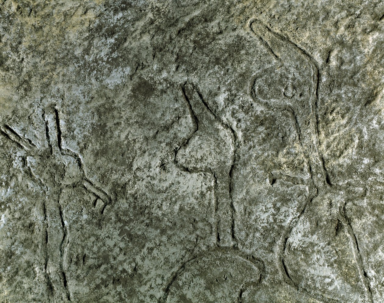 Prehistory, rock art: petroglyph of a hunting scene representation. Neolithic, Stone Age. Baku, Azerbaijan State Religion History Museum by Prehistoric Prehistoric