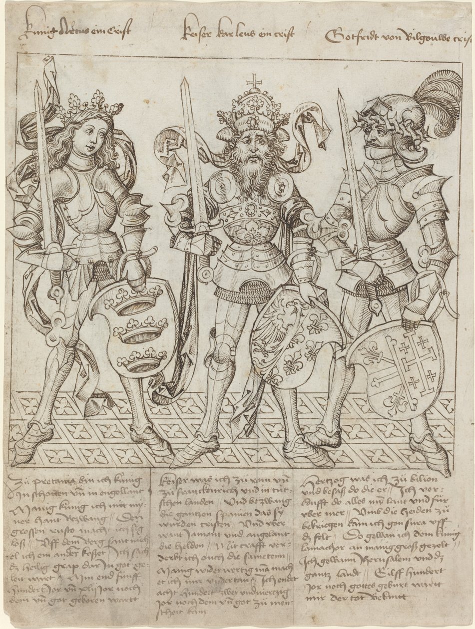 King Arthur, Charlemagne and Godfrey of Boulogne by Primary Master of the Strassburg Chronicle