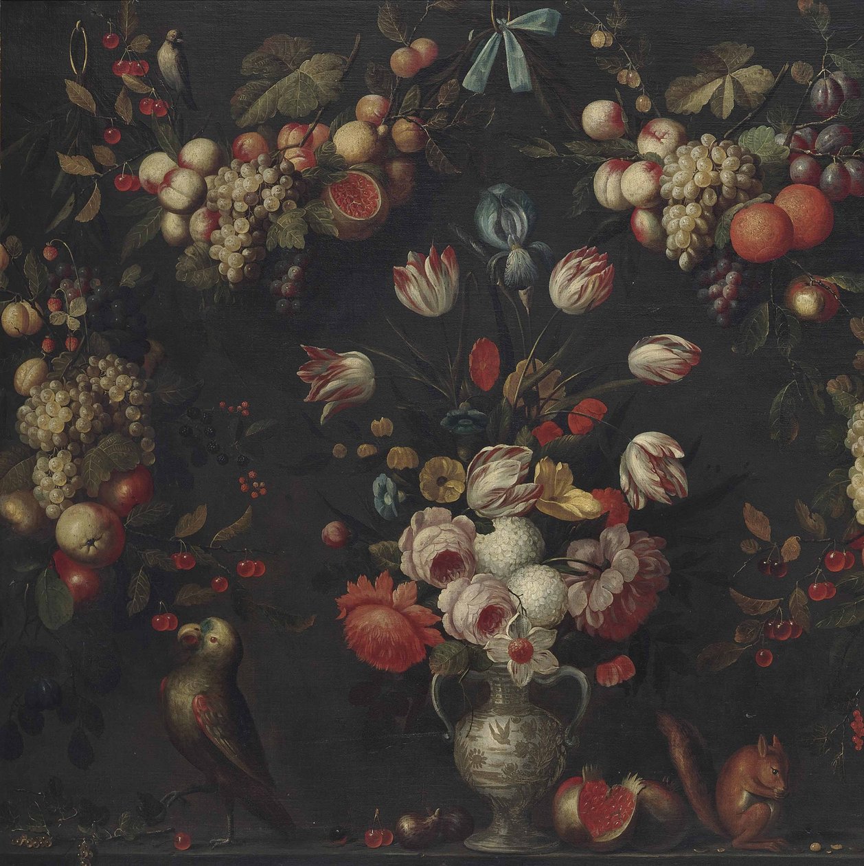 Roses, Hydrangeas, Parrot Tulips and Other Flowers in a Porcelain Vase by Pseudo Simons