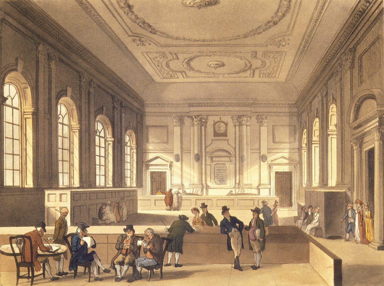 Dividend Hall at South Sea House, pub. by R. Ackermann, 1810 by Pugin and Rowlandson