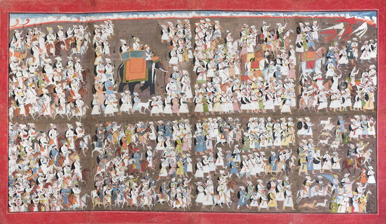 Sansar Chand seated on an elephant, surrounded by an army on foot and on horseback, c.1790 by Purkhu