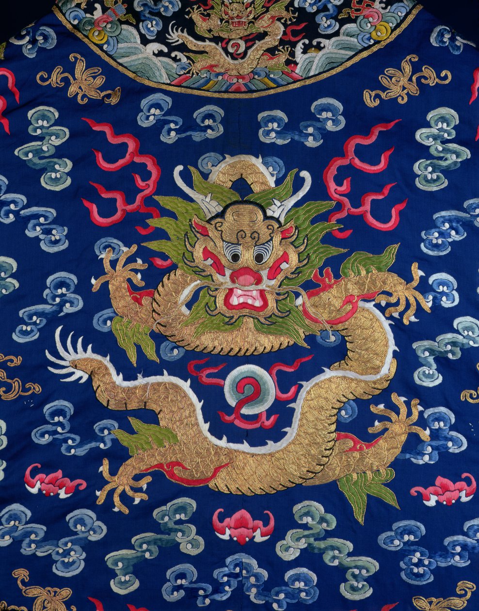 A blue-ground embroidered Kesi dragon robe (detail) by Qing Dynasty Chinese School