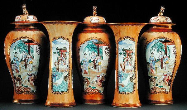 A cafe au lait ground famille rose five-piece garniture, Qianlong Period by Qing Dynasty Chinese School