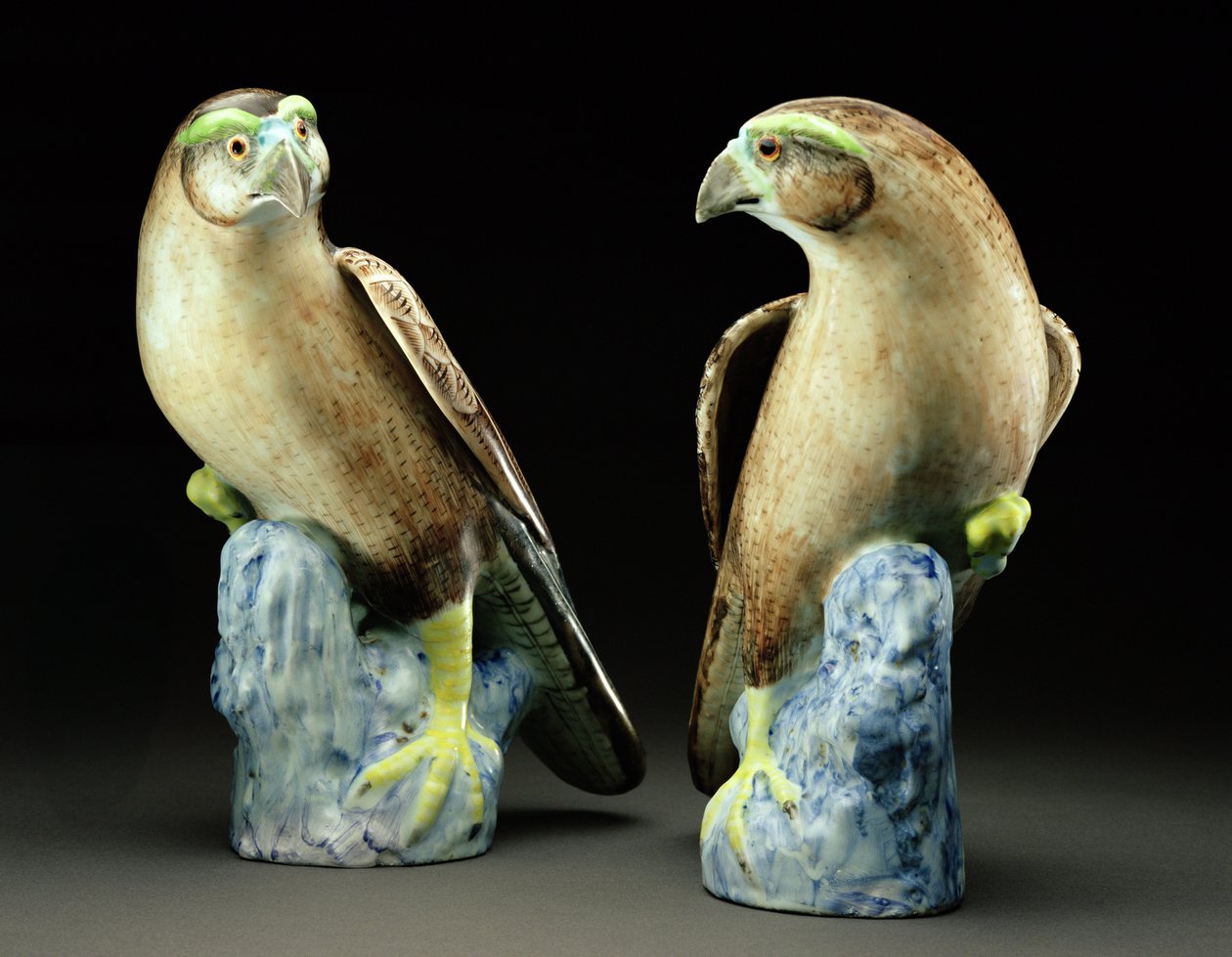 A Pair of Famille Rose Hawks by Qing Dynasty Chinese School