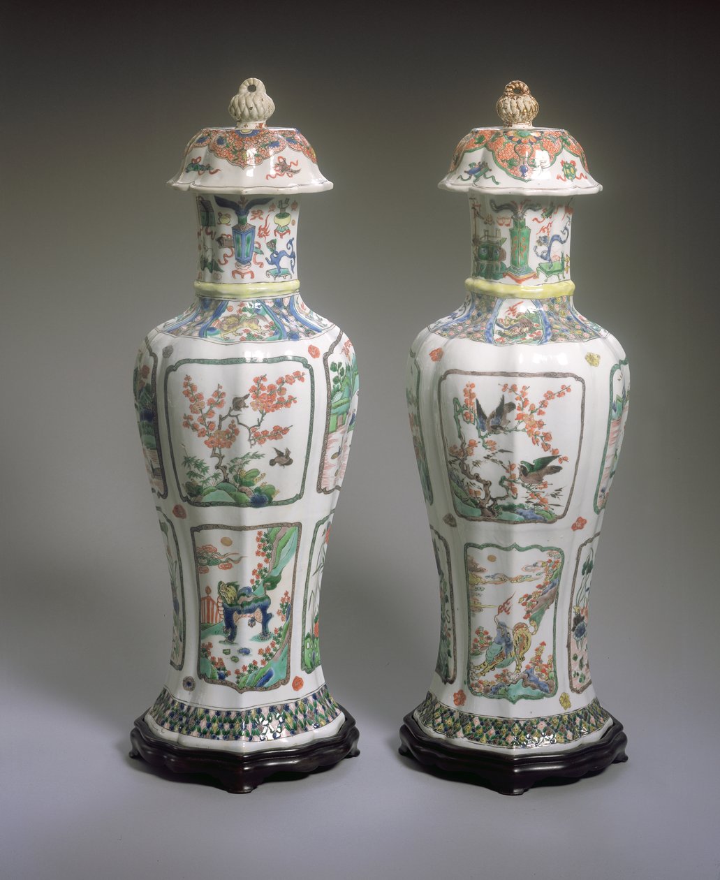 Pair of Chinese Export Famille Verte Vases and Covers, Kangxi period (1662-1722) by Qing Dynasty Chinese School