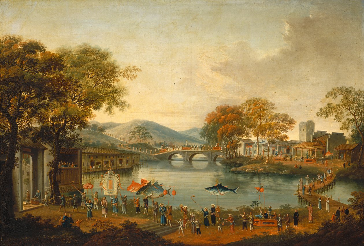 Procession by a lake by Qing Dynasty Chinese School