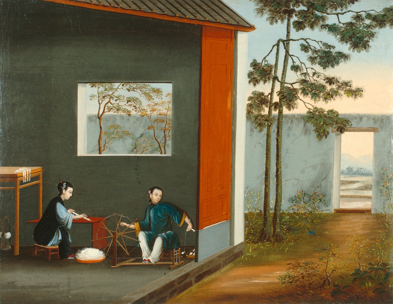 Two Women Spinning by Qing Dynasty Chinese School
