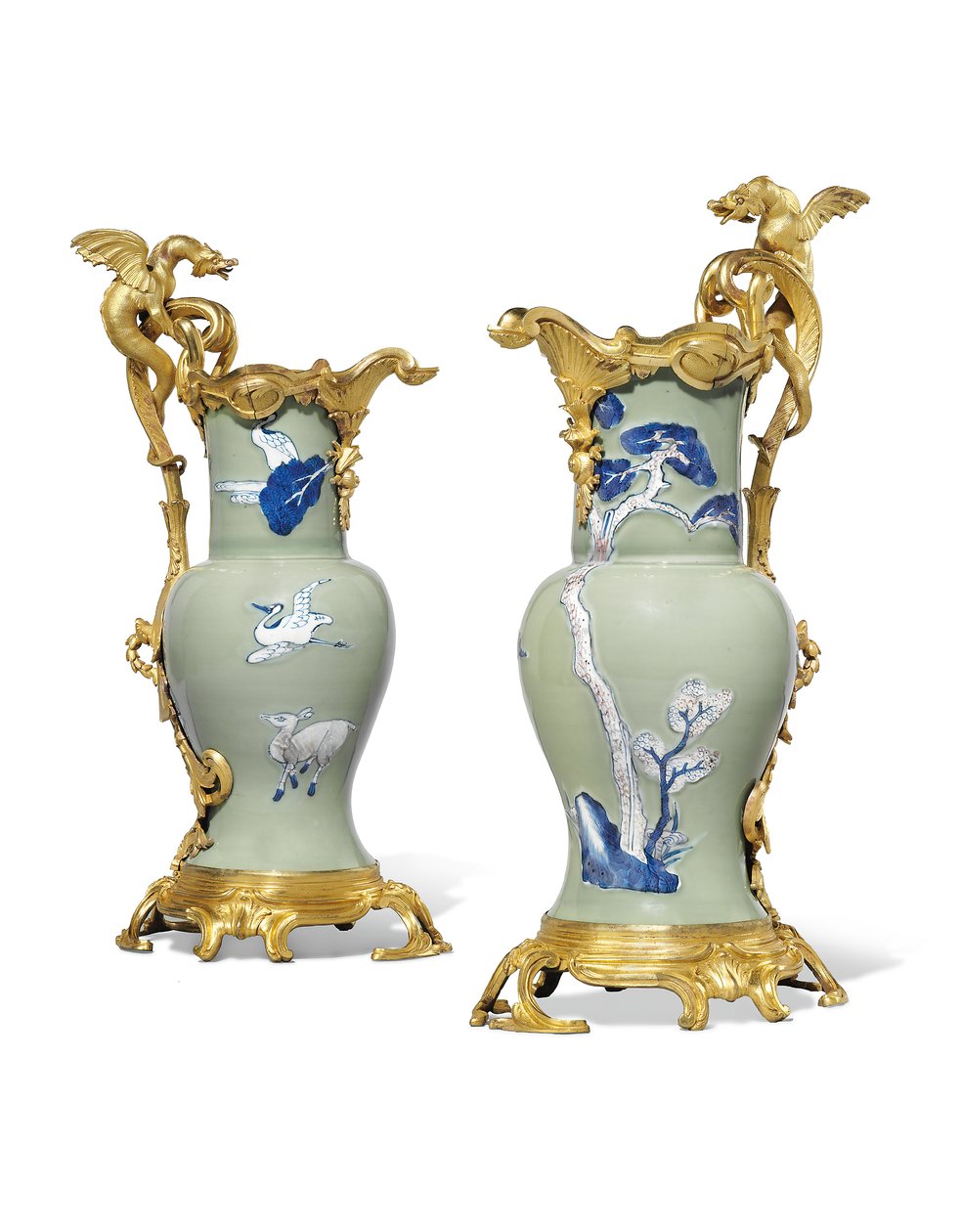 A pair of Louis XV ewers, porcelain 1662-1722, mounts c.1745-49 by Qing Dynasty   Kangxi Period Chinese