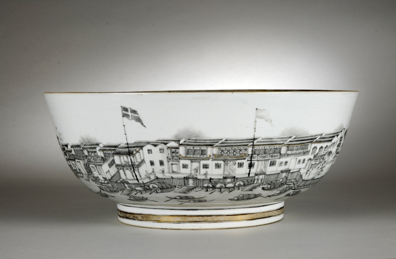 Punch bowl painted with warehouses or Hongs, Canton (Guangzhou) by Qing Dynasty   Qianlong Period Chinese School