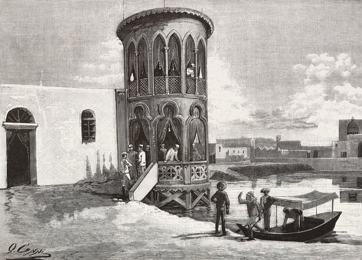 A Moorish small tower hosting the club of the Italian officers, Massawa, Eritrea, engraving from a drawing by Quinto Cenni and a sketch by Pieragostini, from L