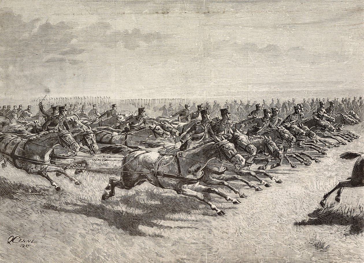 Horse Artillery of the Italian Army passing at full gallop, Lombardy, Italy, engraving from a drawing by Quinto Cenni, from L