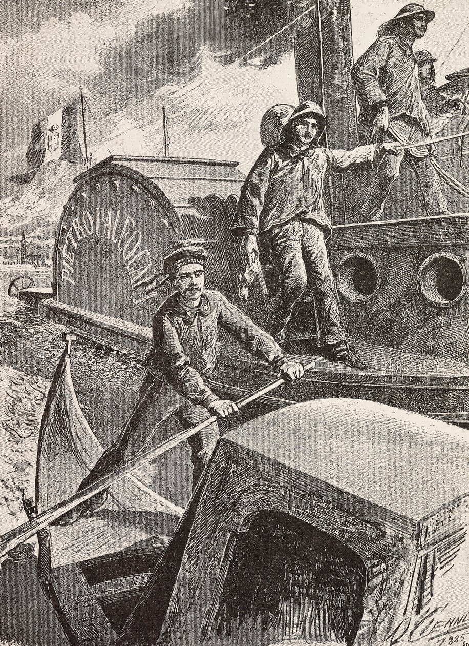 Italian military engineers, lagoon brigade, at work in their new uniforms, engraving from drawing by Quinto Cenni, from L