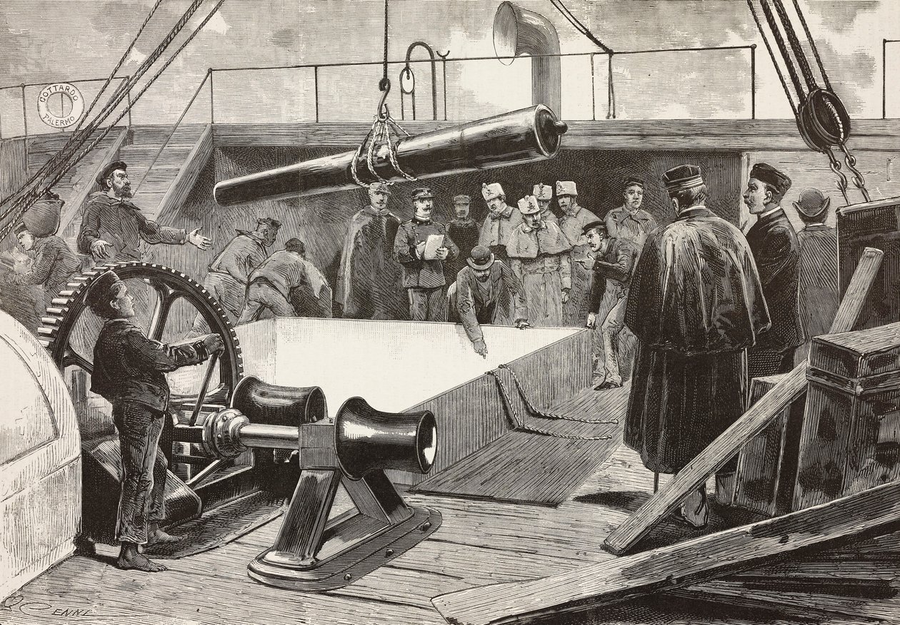 Italian sailors and officers setting ship Gottardo, Italian expedition in Red Sea, Palermo, Italy, engraving from drawing by Quinto Cenni and sketch by Dante Paolocci, from L
