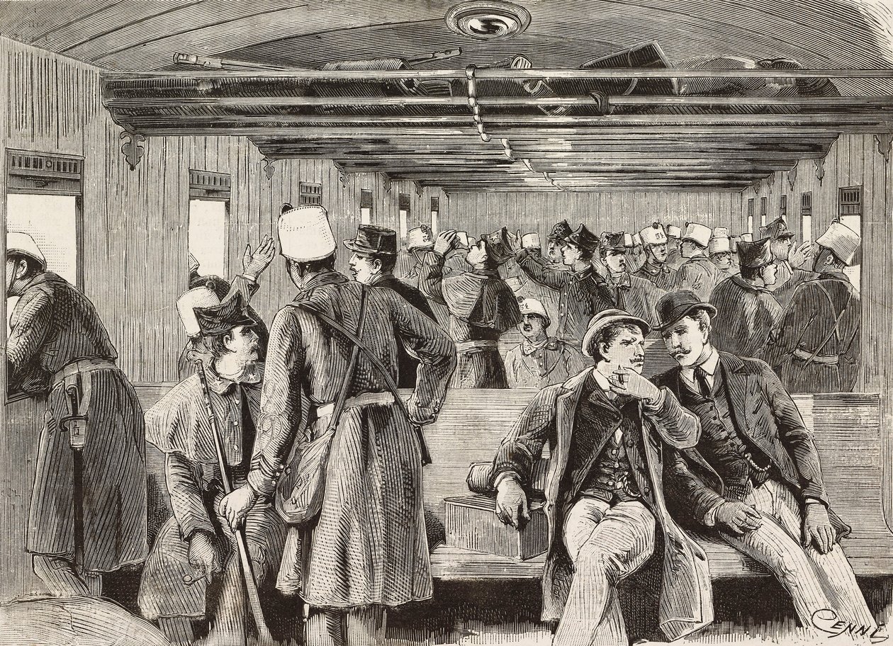 Italian soldiers on train bound for Naples, Italy, second Italian expedition in Red Sea, engraving from drawing by Quinto Cenni and sketch by M Dal Don, from L