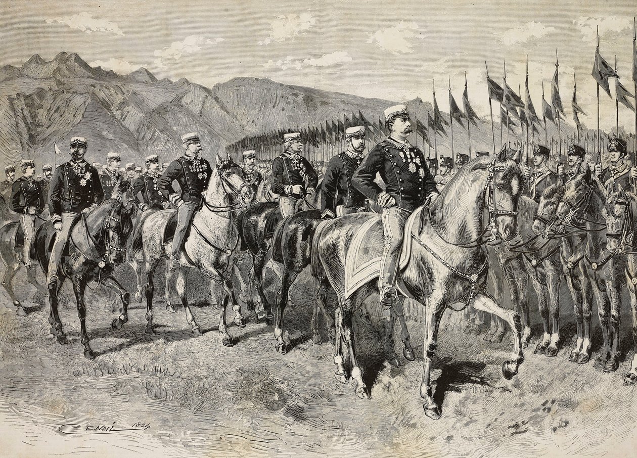 King Umberto I inspecting Florence lancers, with General Martin di Montu behind him, September 28, cavalry exercises in Pordenone, Italy, engraving from drawing by Quinto Cenni, from L