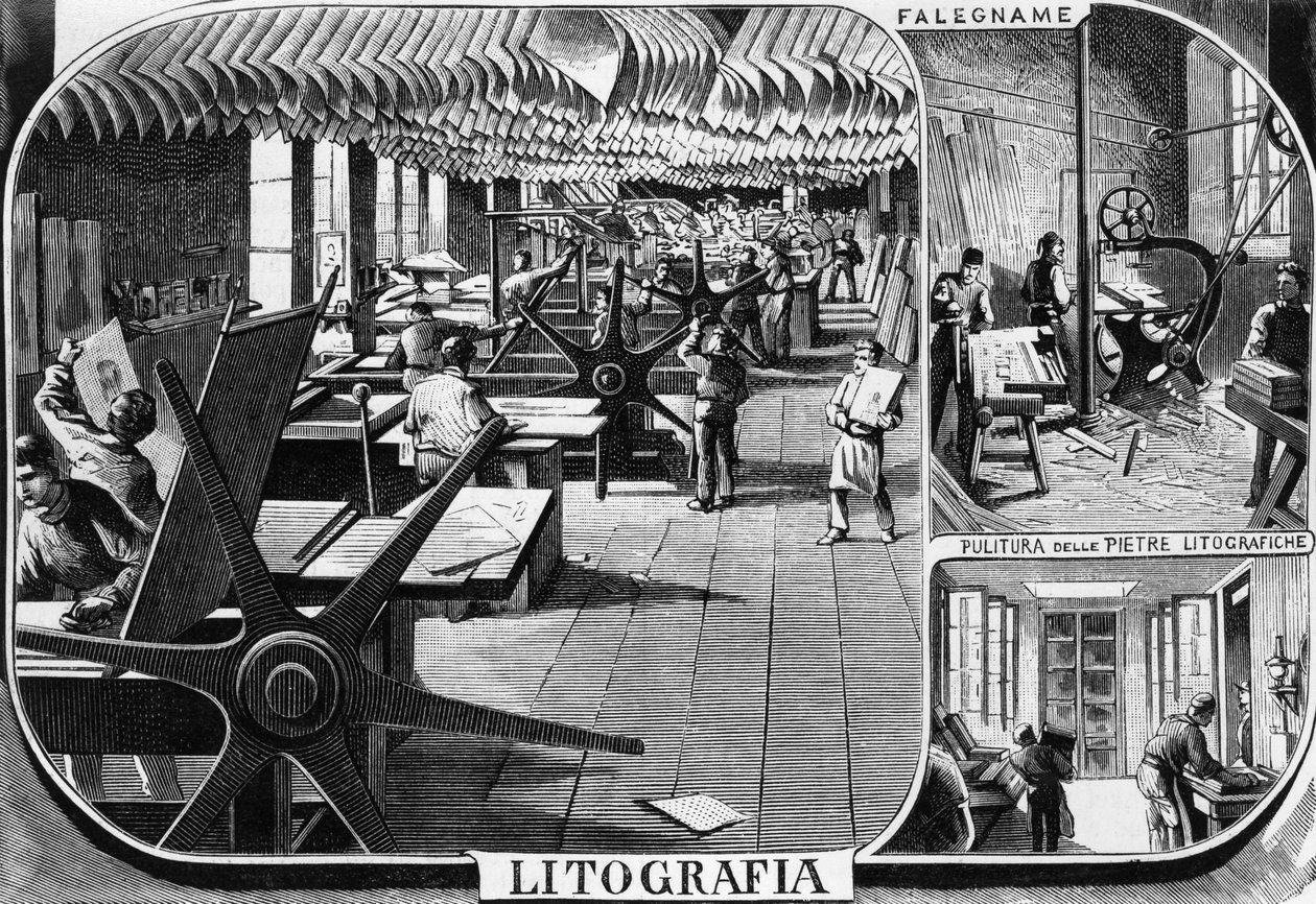 Offices of Treves brothers, lithograph department, Milan, Italy, illustration by Quinto Cenni from L