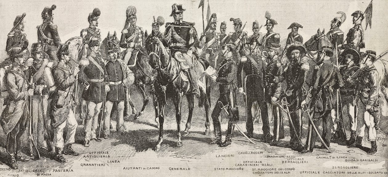 Piedmontese army in 1859: infantrymen, artillerymen, engineers, grenadiers, officers, generals, spearmen, cavalrymen, rifleman by Quinto Cenni