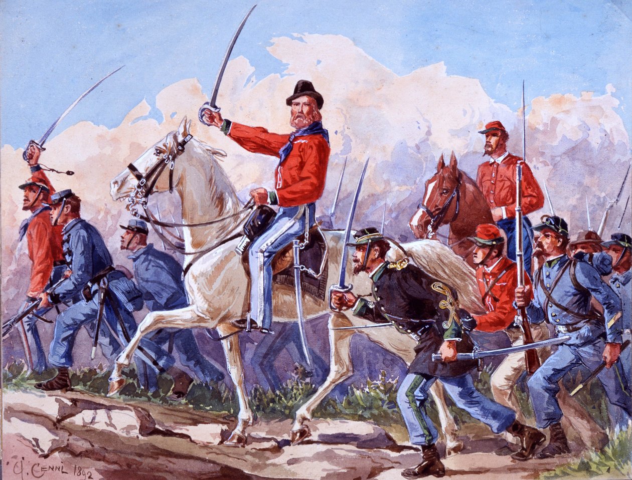 Risorgimento: the troops of Giuseppe Garibaldi (1807-1882) marching on Rome. Watercolour by Quinto Cenni 1892 by Quinto Cenni