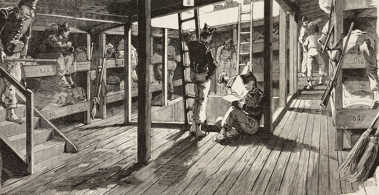 Soldiers below deck in dormitory, ship Principe Amedeo, Italian expedition in Red Sea by Quinto Cenni
