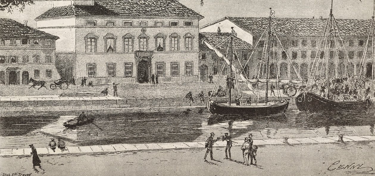 The town hall and the harbor canal, Cesenatico, Italy, engraving from a drawing by Quinto Cenni and a sketch by Ulisse Topi, from L